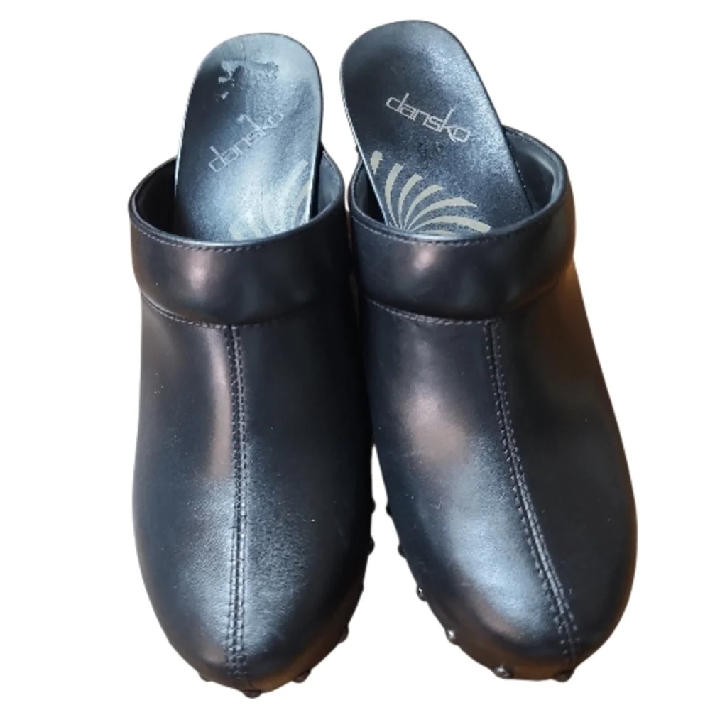 DANSKO | Rae Black Leather Heeled Clogs Studded Mules | EU 38 (US 7.5 -8) - Picture 3 of 10